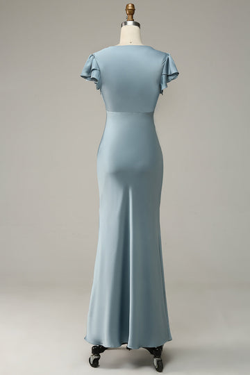 Grey Blue Sheath Satin Simple Ball Dress with Ruffles
